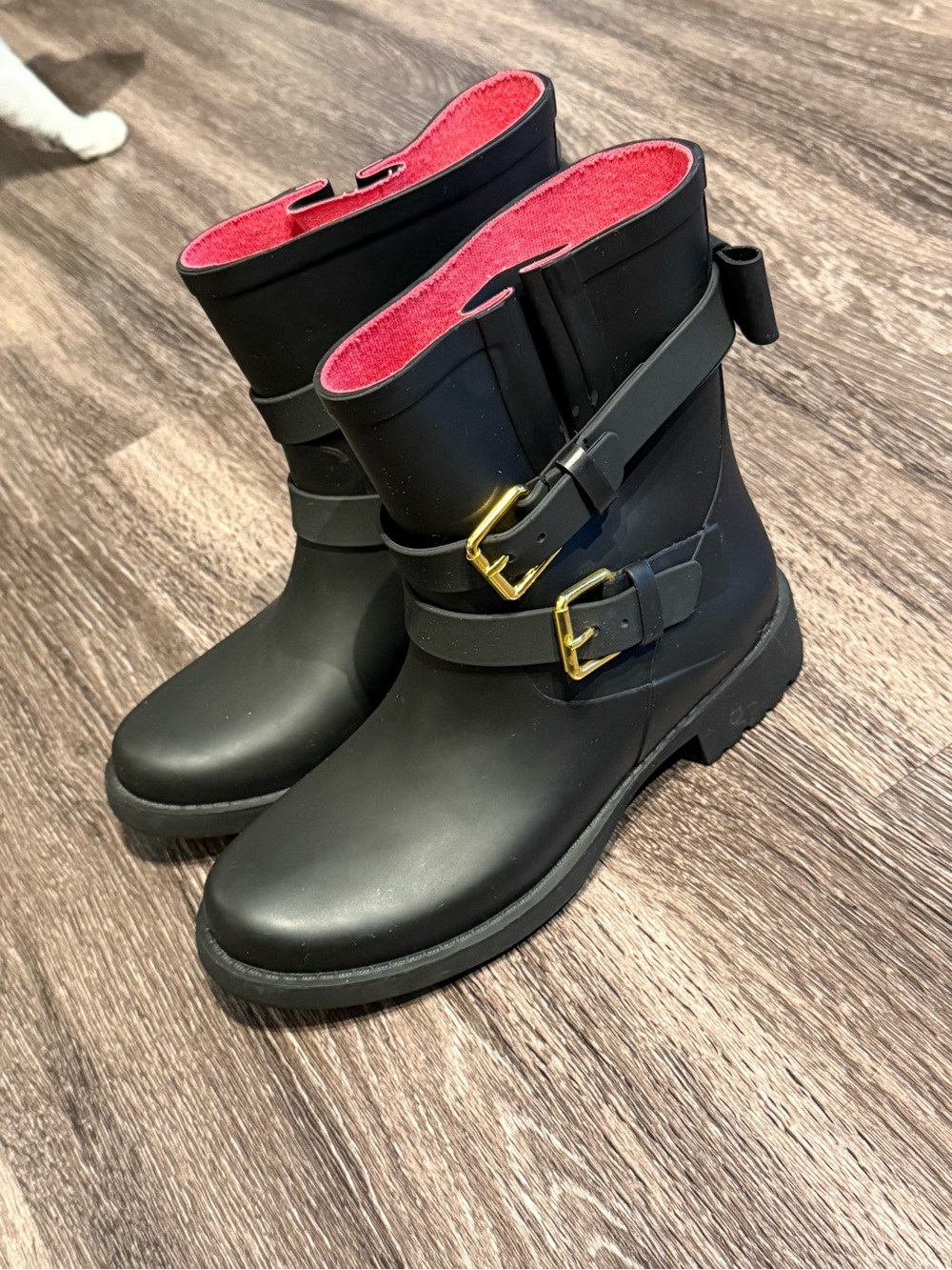kate spade Black Rain Boots with Red Interior and Gold Buckles